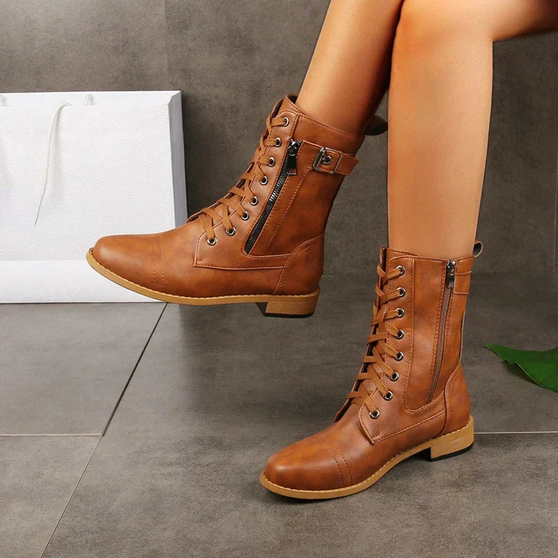 Women's Ankle Boots in Faux with Lace-Up and Side Zipper