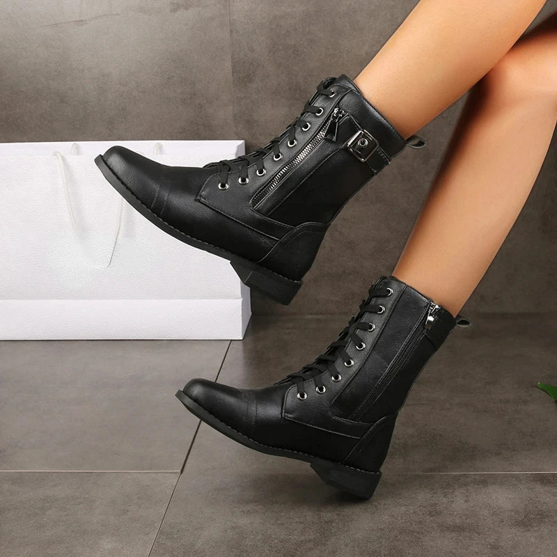 Women's Ankle Boots in Faux with Lace-Up and Side Zipper