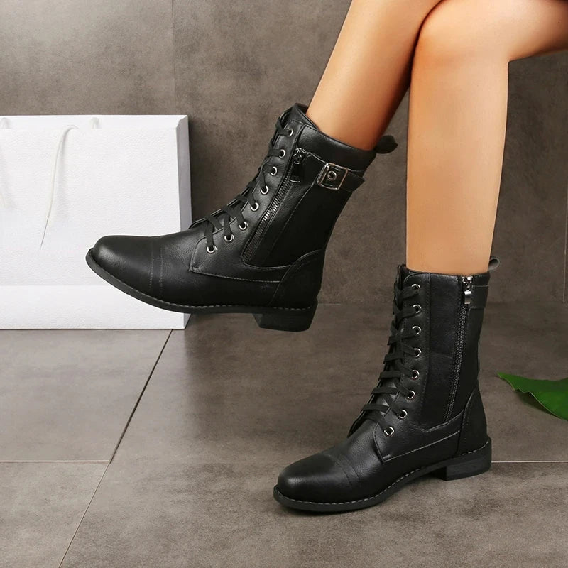 Women's Ankle Boots in Faux with Lace-Up and Side Zipper
