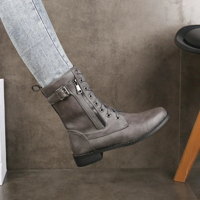 Women's Ankle Boots in Faux with Lace-Up and Side Zipper