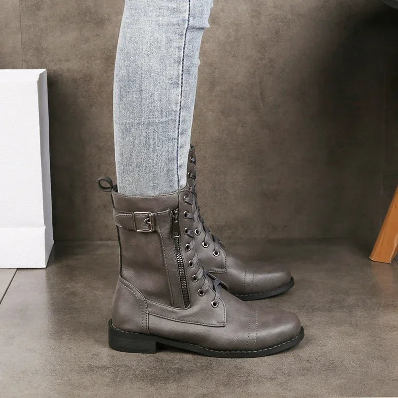 Women's Ankle Boots in Faux with Lace-Up and Side Zipper