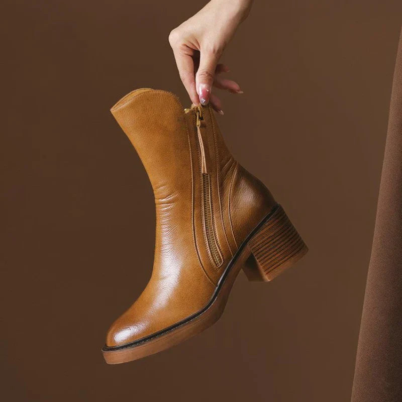 Women's Ankle Boots in Synthetic Upper with Side Zipper and Block Heel