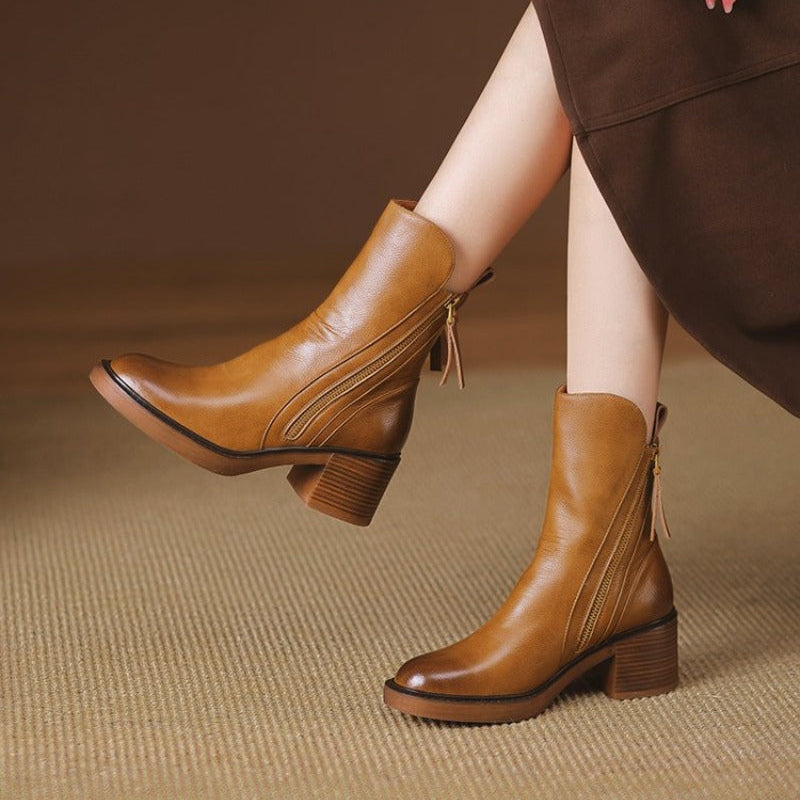 Women's Ankle Boots in Synthetic Upper with Side Zipper and Block Heel
