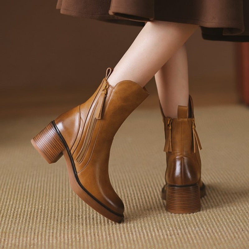 Women's Ankle Boots in Synthetic Upper with Side Zipper and Block Heel