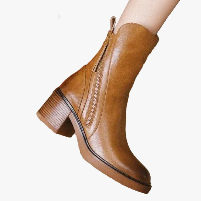 Women's Ankle Boots in Synthetic Upper with Side Zipper and Block Heel