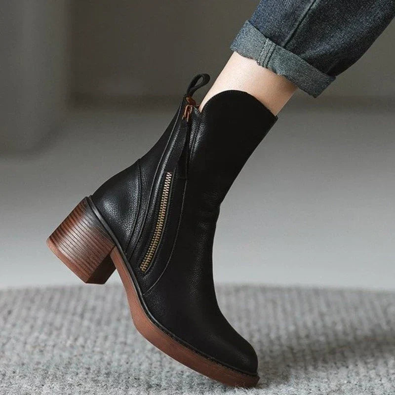 Women's Ankle Boots in Synthetic Upper with Side Zipper and Block Heel