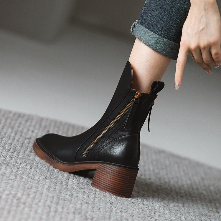 Women's Ankle Boots in Synthetic Upper with Side Zipper and Block Heel