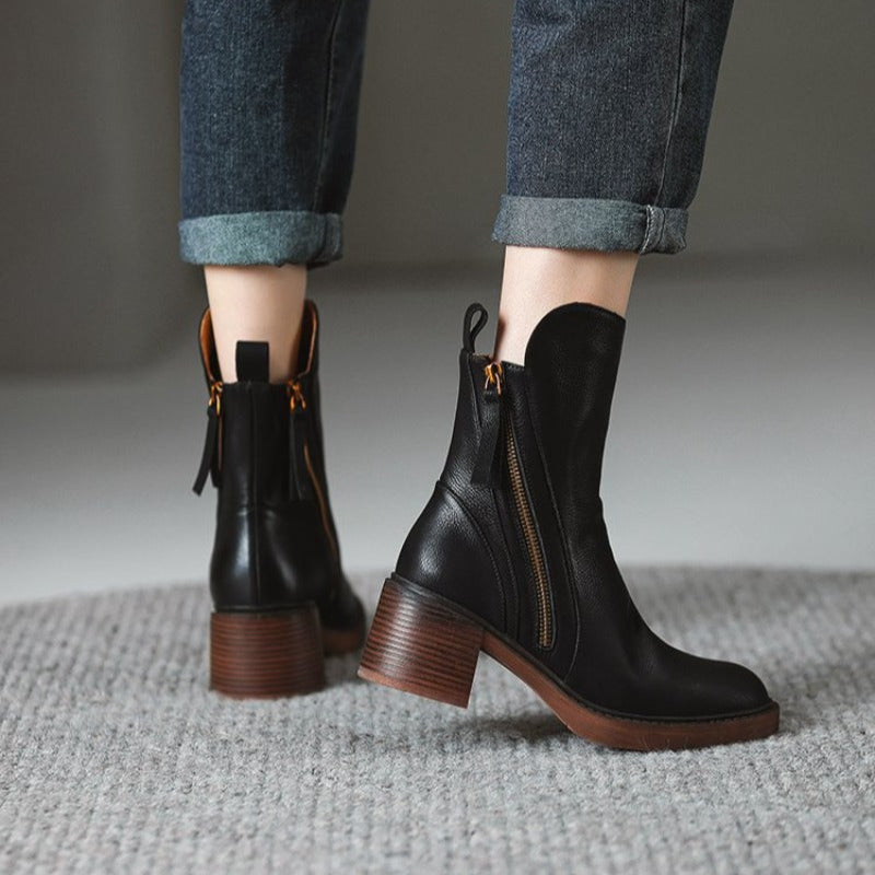 Women's Ankle Boots in Synthetic Upper with Side Zipper and Block Heel