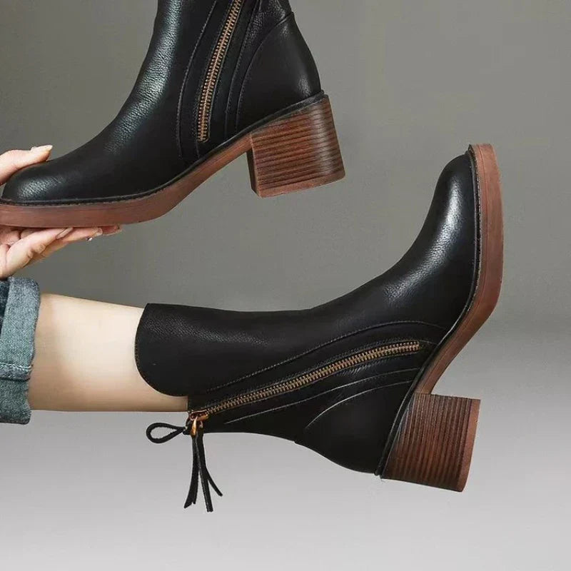 Women's Ankle Boots in Synthetic Upper with Side Zipper and Block Heel
