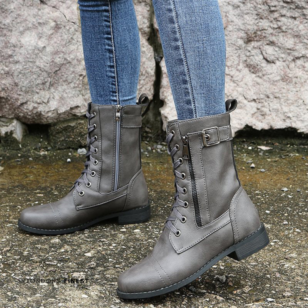 Women's Ankle Faux Boots with Lace-Up Front and Side Zipper