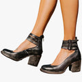 Women's Block Heel PU Pumps with Buckle Straps and Side Zipper