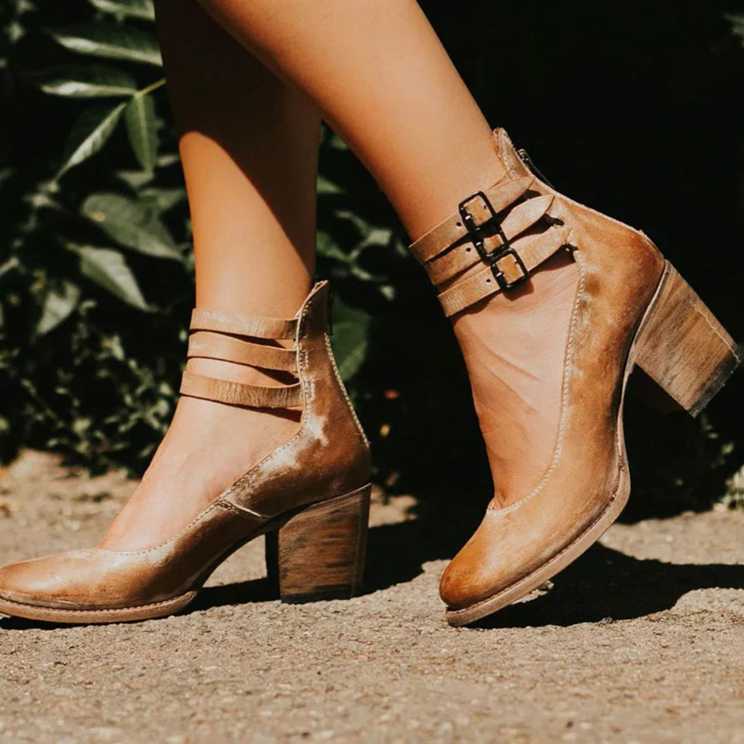 Women's Block Heel PU Pumps with Buckle Straps and Side Zipper