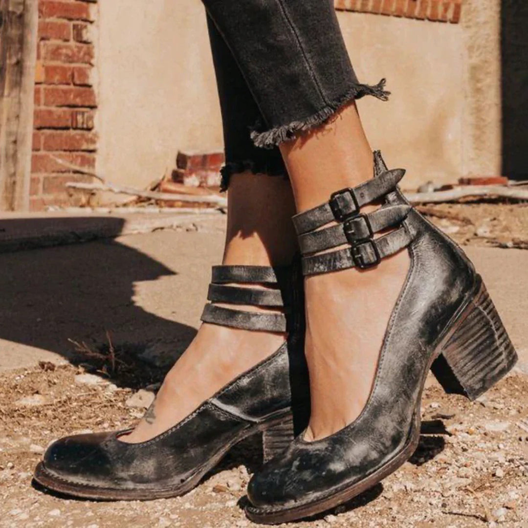Women's Block Heel PU Pumps with Buckle Straps and Side Zipper