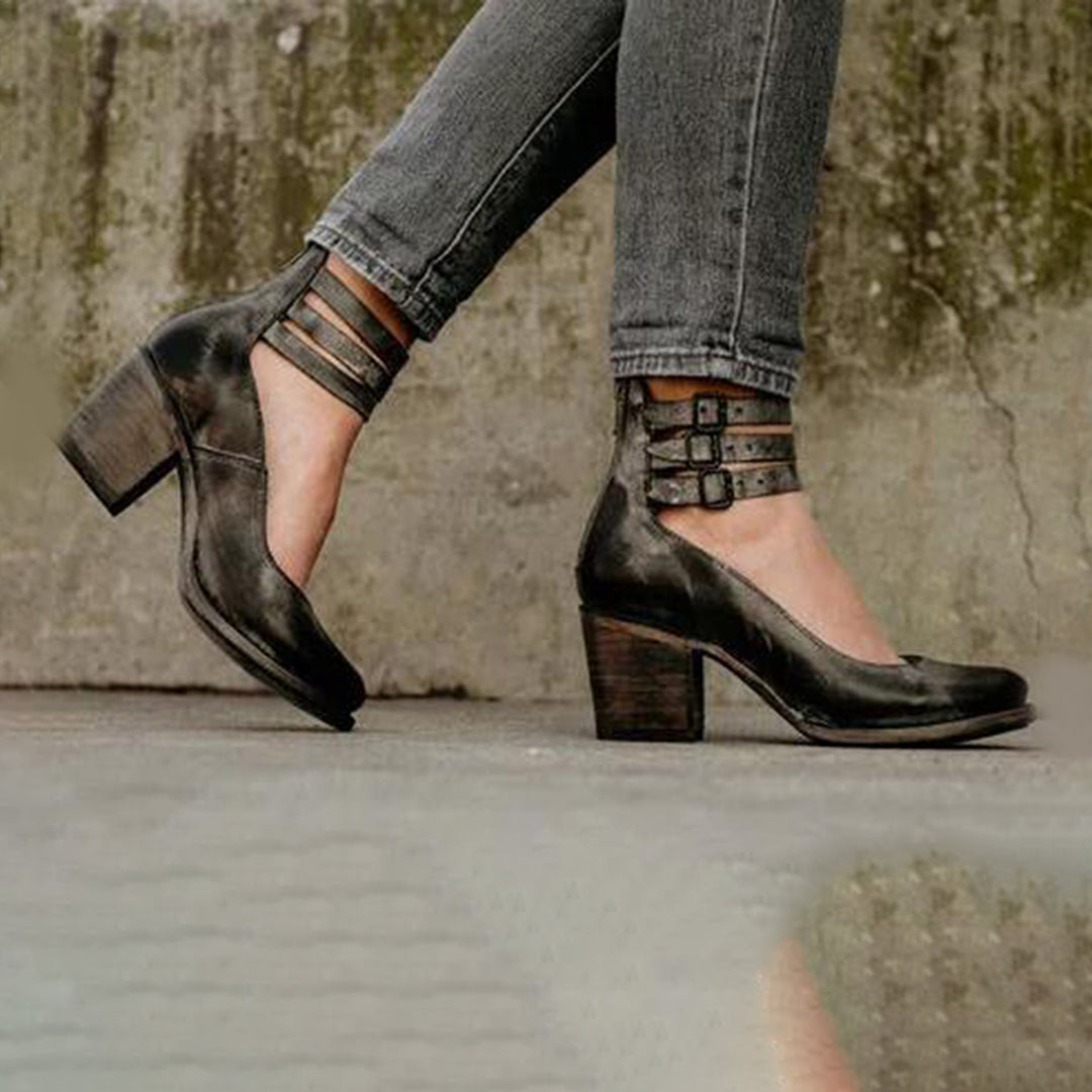 Women's Block Heel PU Pumps with Buckle Straps and Side Zipper