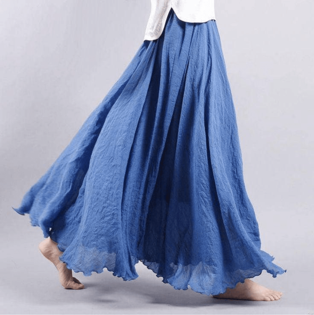 Women's Bohemian Linen Maxi Skirt with Pull-On Waist and Flared Hem