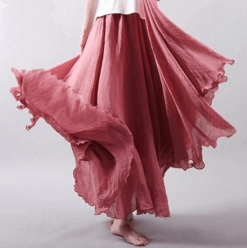 Women's Bohemian Linen Maxi Skirt with Pull-On Waist and Flared Hem