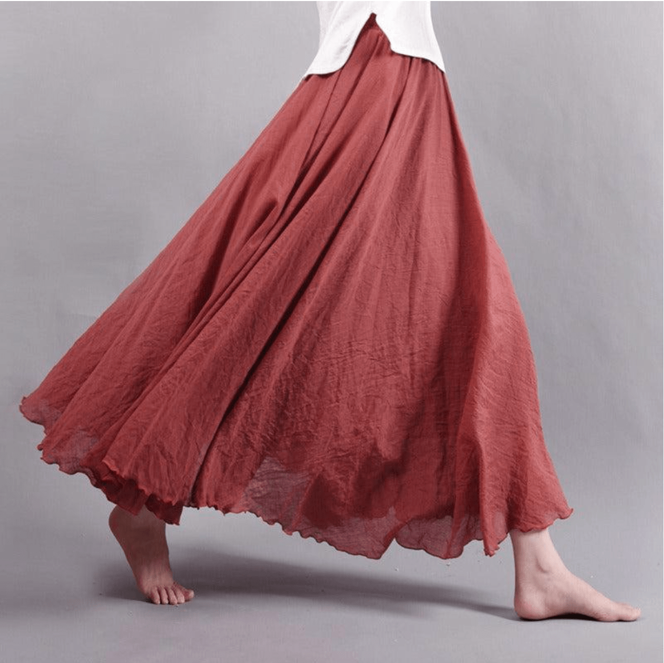 Women's Bohemian Linen Maxi Skirt with Pull-On Waist and Flared Hem