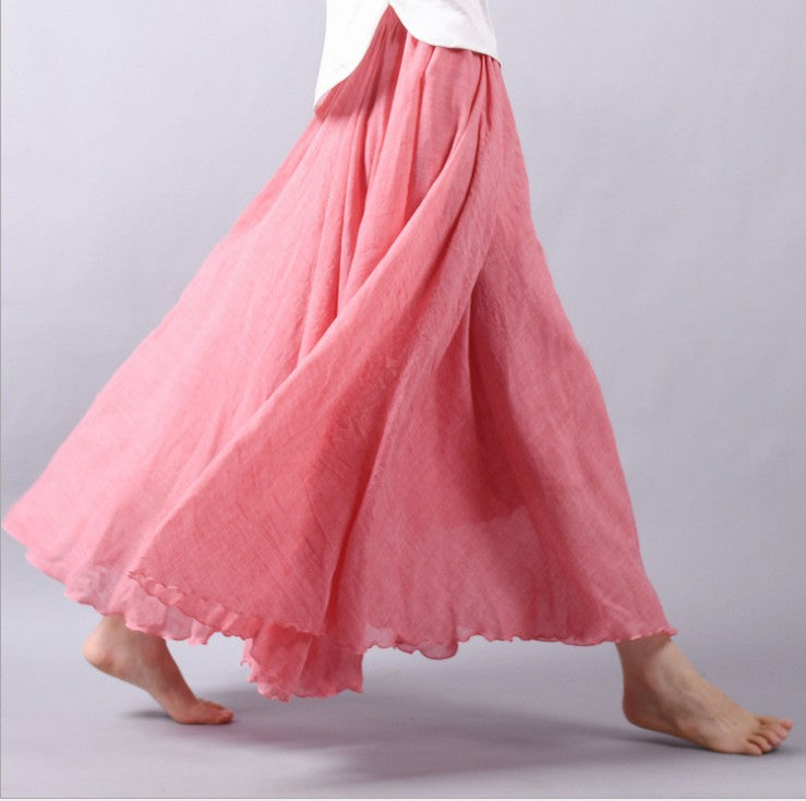 Women's Bohemian Linen Maxi Skirt with Pull-On Waist and Flared Hem