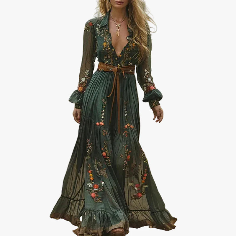 Women's Bohemian Maxi Dress with Embroidered Florals and Waist Tie
