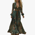 Women's Bohemian Maxi Dress with Embroidered Florals and Waist Tie