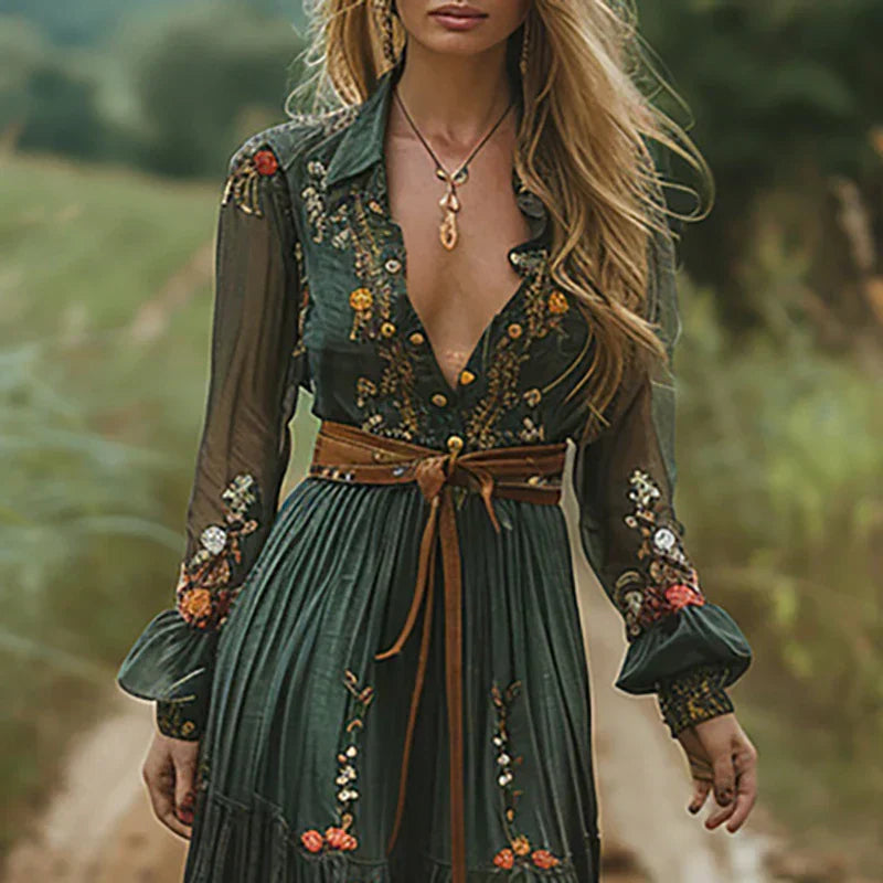 Women's Bohemian Maxi Dress with Embroidered Florals and Waist Tie