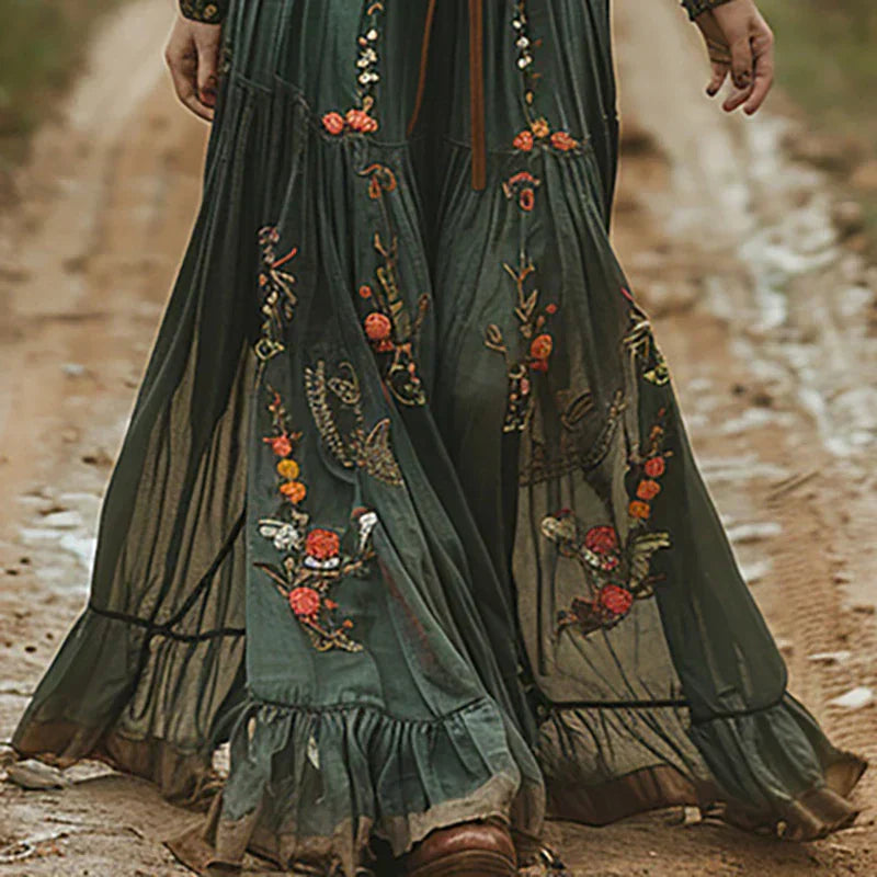 Women's Bohemian Maxi Dress with Embroidered Florals and Waist Tie
