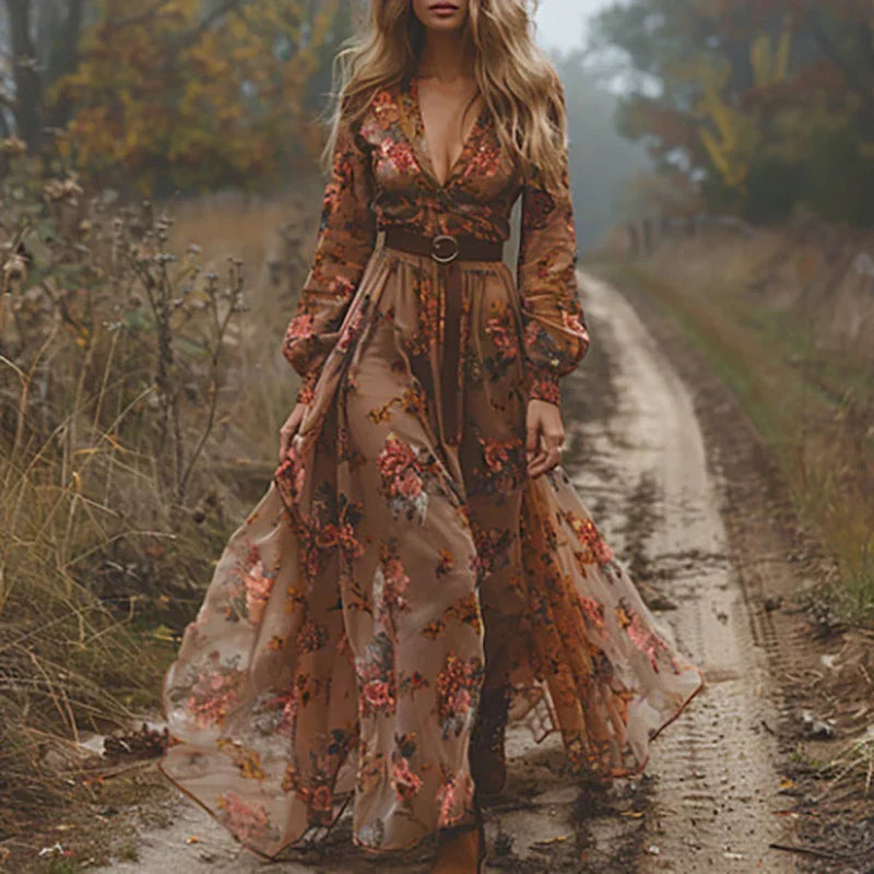 Women's Bohemian Maxi Dress with Embroidered Florals and Waist Tie