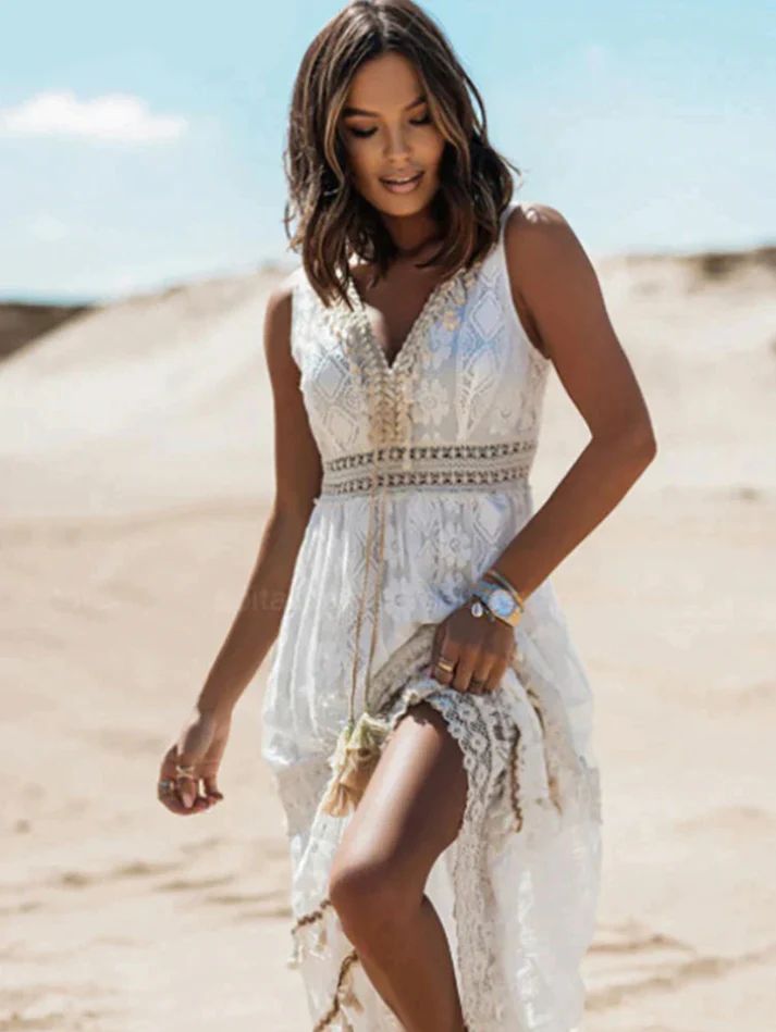 Women's Bohemian Woven Maxi Dress with V Neck and Tassel Tie