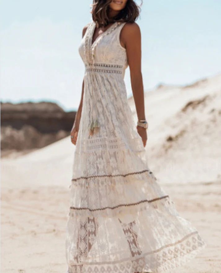 Women's Bohemian Woven Maxi Dress with V Neck and Tassel Tie
