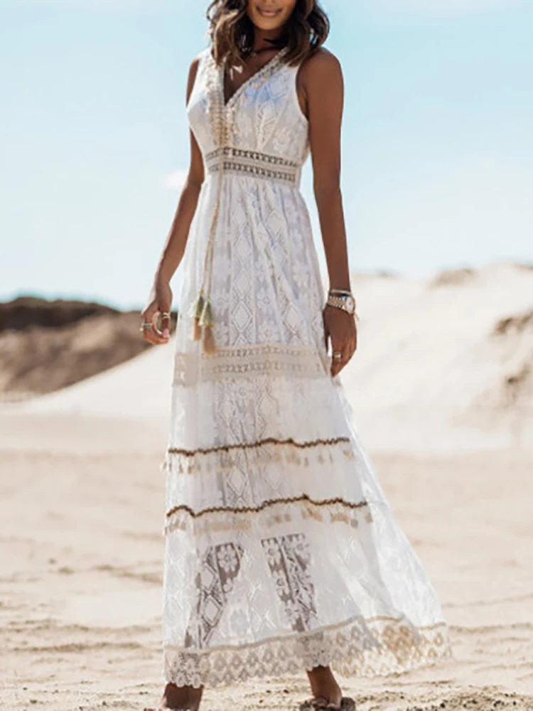 Women's Bohemian Woven Maxi Dress with V Neck and Tassel Tie