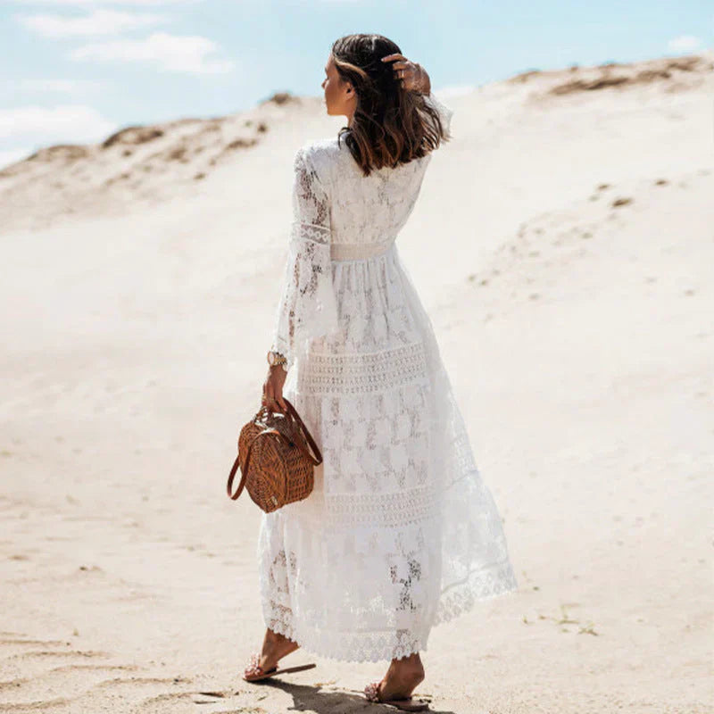 Women's Boho Lace Maxi Dress with Tassel Ties and Bell Sleeves