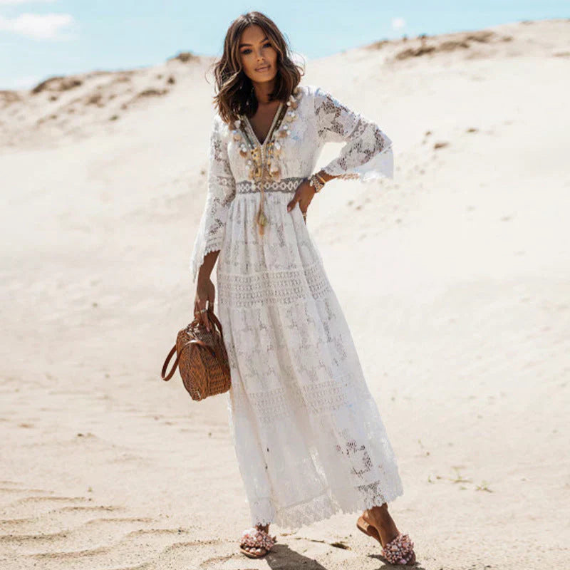 Women's Boho Lace Maxi Dress with Tassel Ties and Bell Sleeves