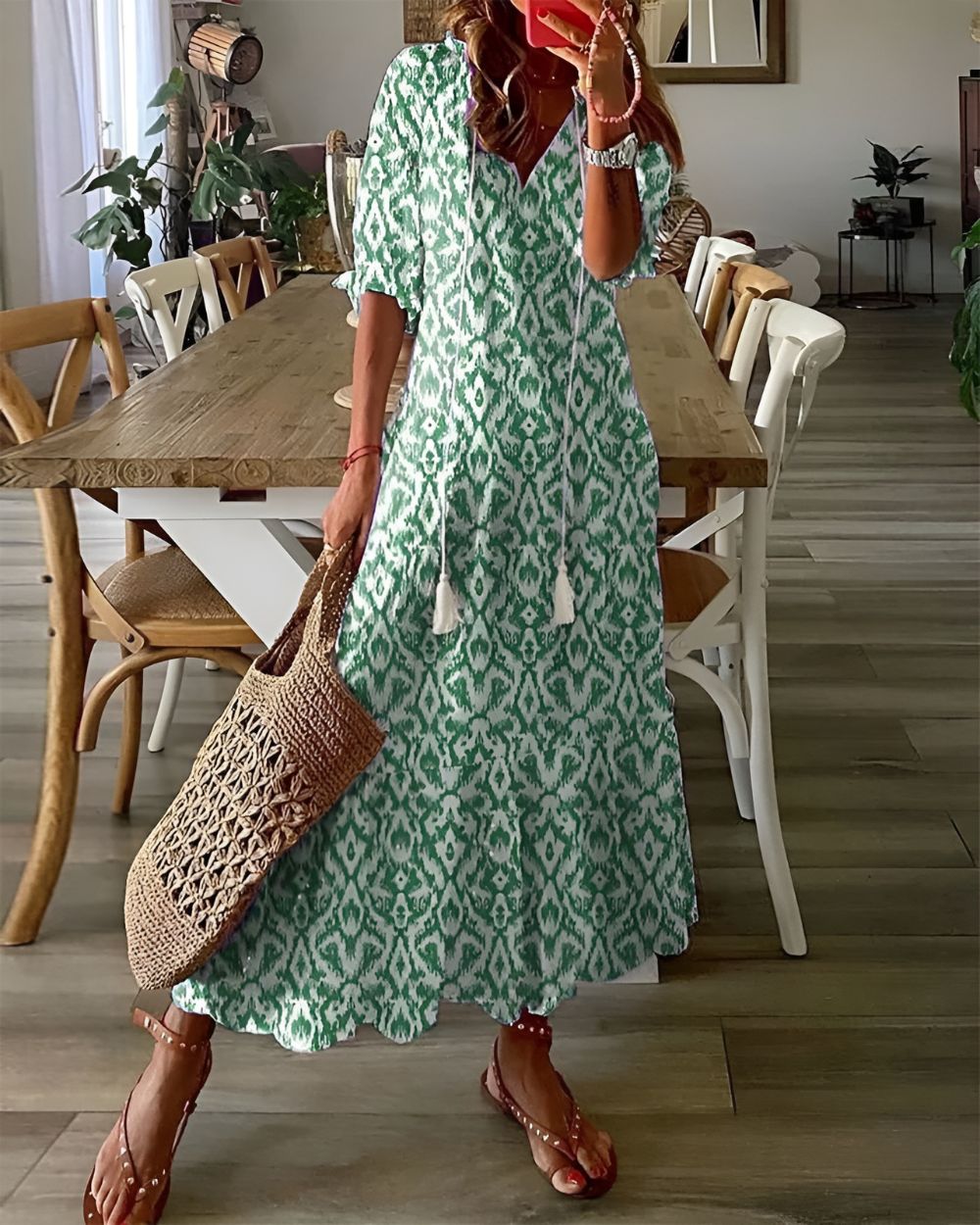 Women's Boho Maxi Dress in Woven Material with V Neck and Tassel Tie