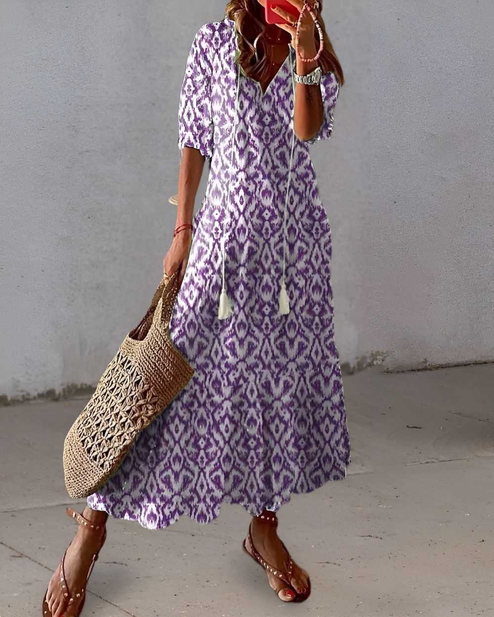 Women's Boho Maxi Dress in Woven Material with V Neck and Tassel Tie