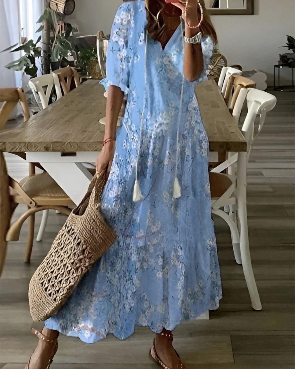 Women's Boho Maxi Dress in Woven Material with V Neck and Tassel Tie