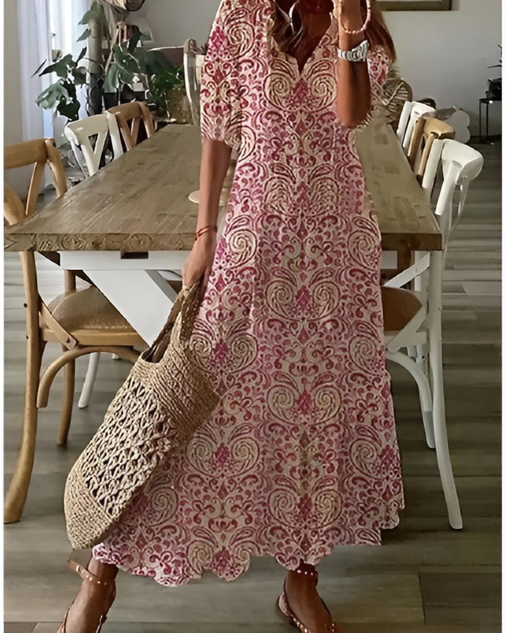 Women's Boho Maxi Dress in Woven Material with V Neck and Tassel Tie