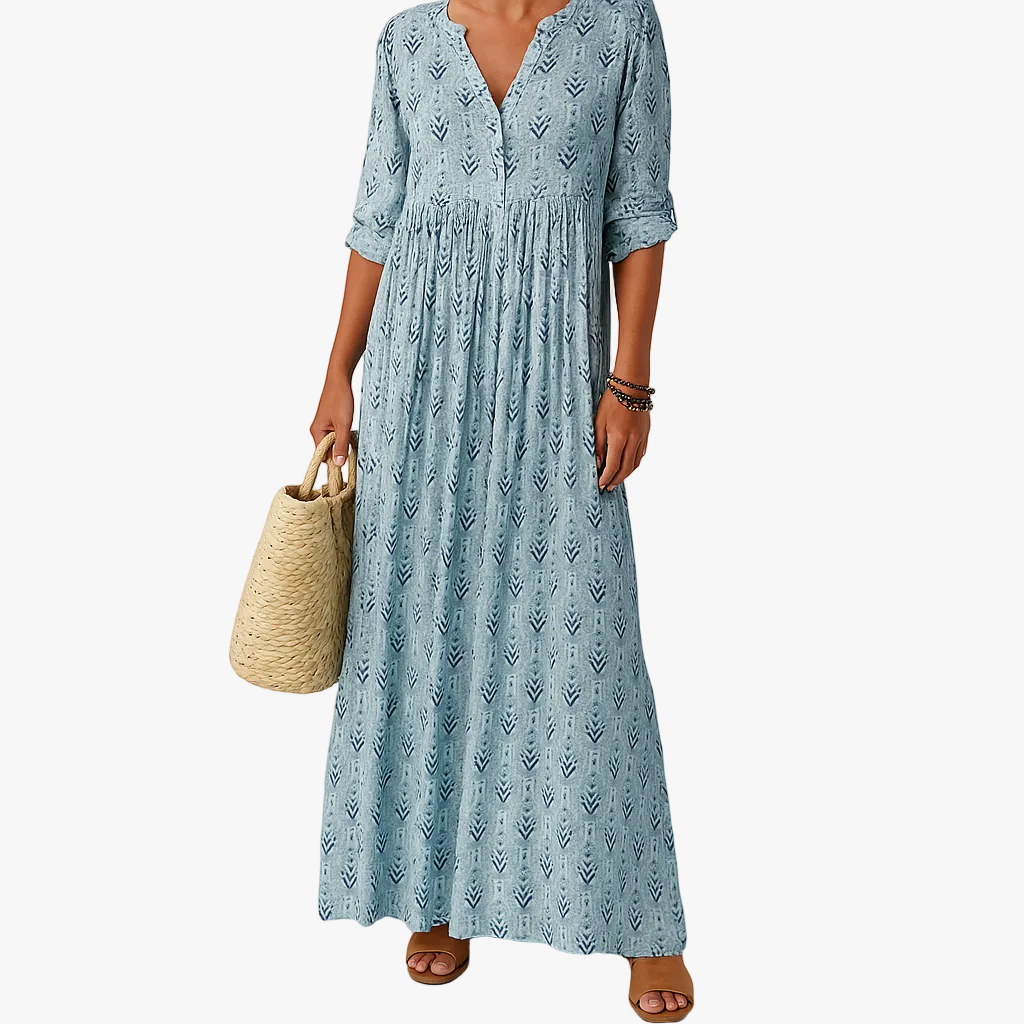 Women's Boho Woven Maxi Dress with Split Neck and Roll-Tab Sleeves