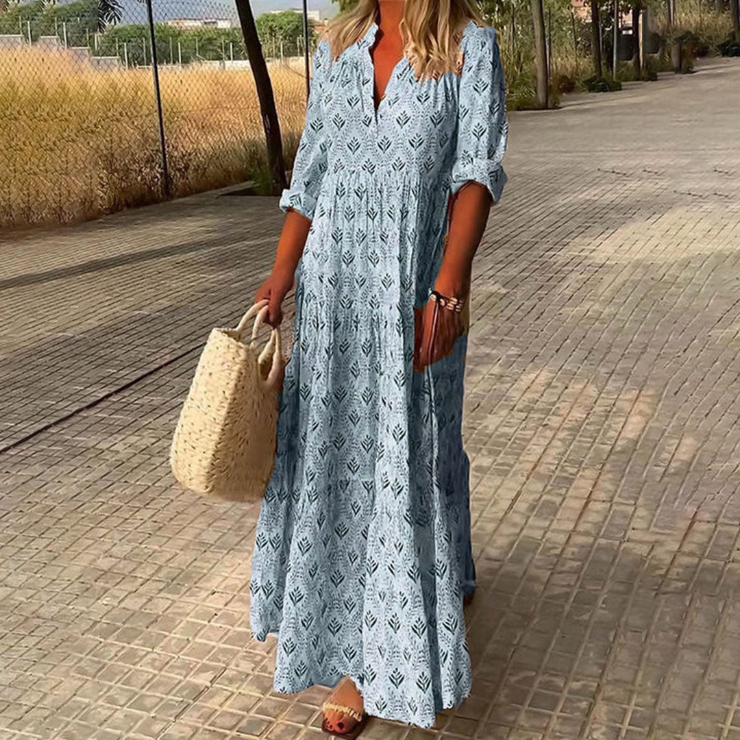 Women's Boho Woven Maxi Dress with Split Neck and Roll-Tab Sleeves