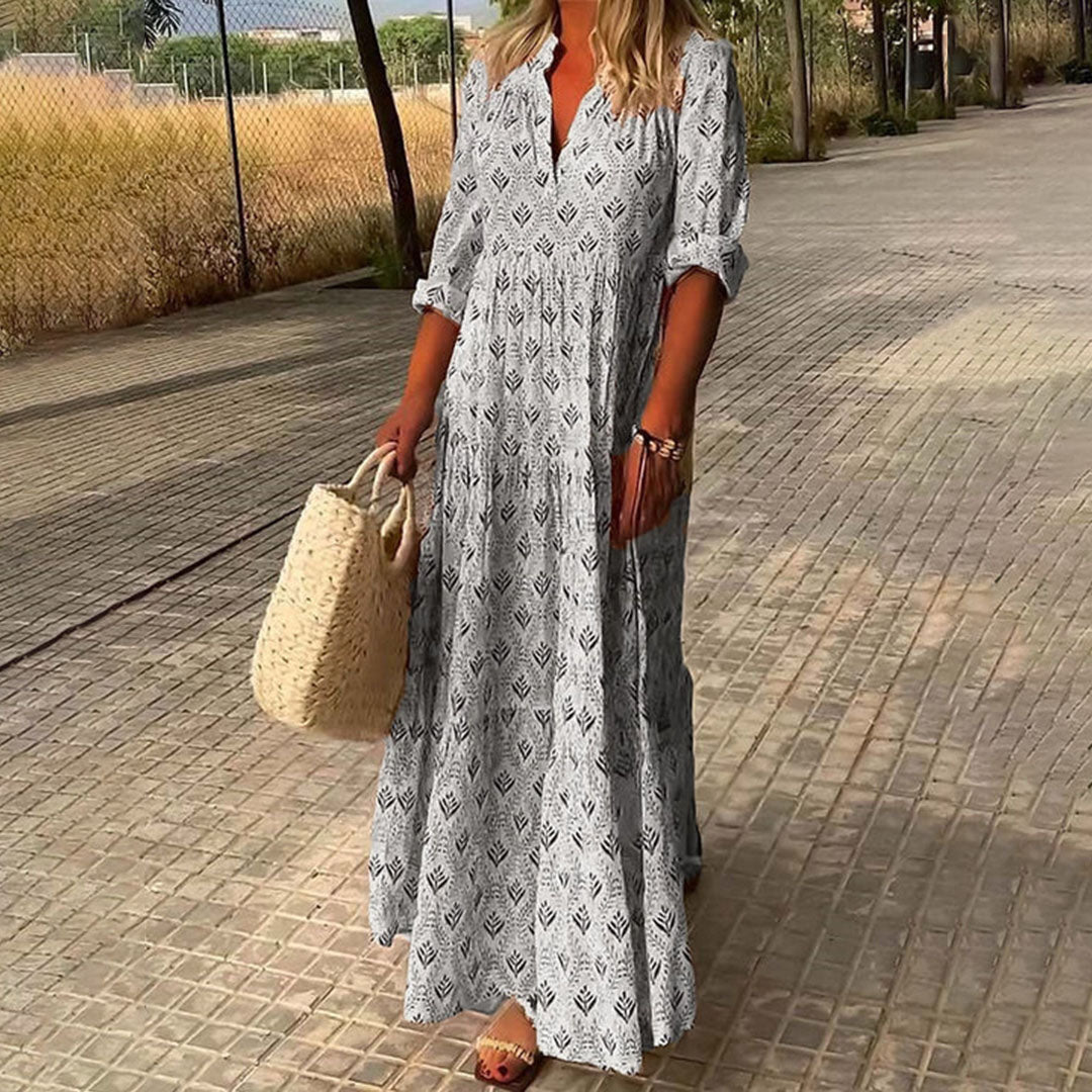 Women's Boho Woven Maxi Dress with Split Neck and Roll-Tab Sleeves