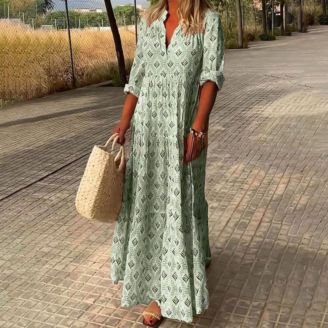 Women's Boho Woven Maxi Dress with Split Neck and Roll-Tab Sleeves