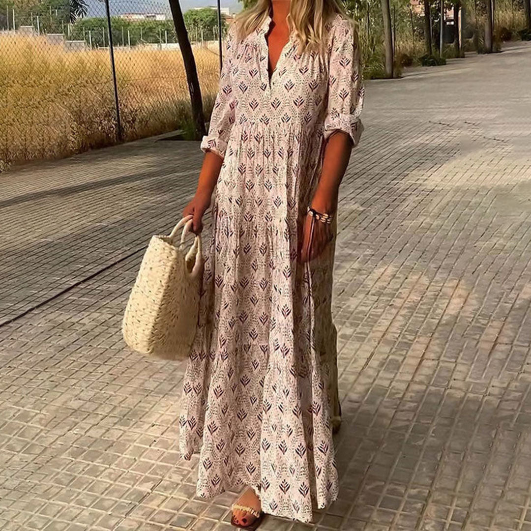 Women's Boho Woven Maxi Dress with Split Neck and Roll-Tab Sleeves