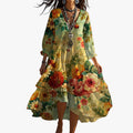 Women's Boho Woven Midi Dress with V Neck and Tiered Hem