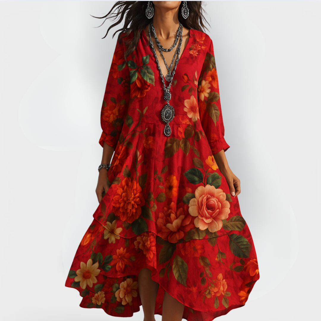 Women's Boho Woven Midi Dress with V Neck and Tiered Hem