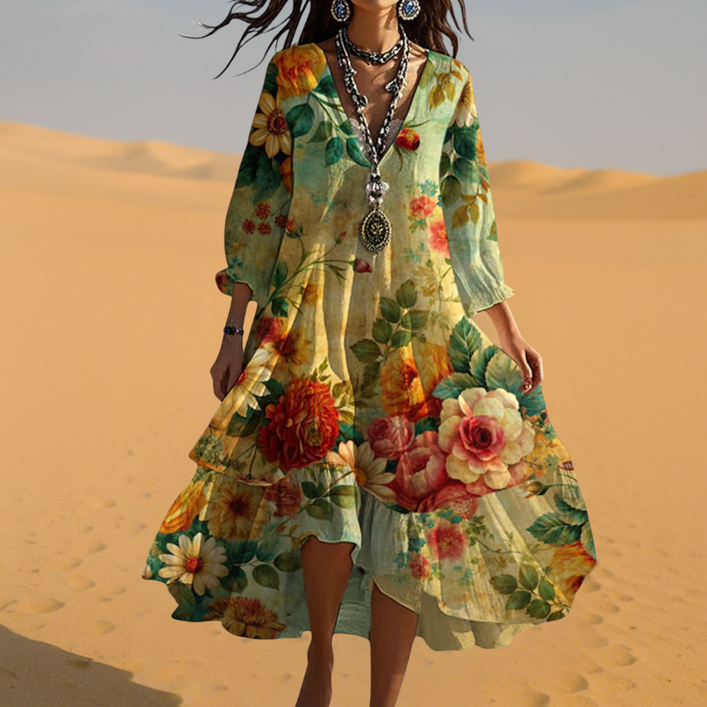 Women's Boho Woven Midi Dress with V Neck and Tiered Hem