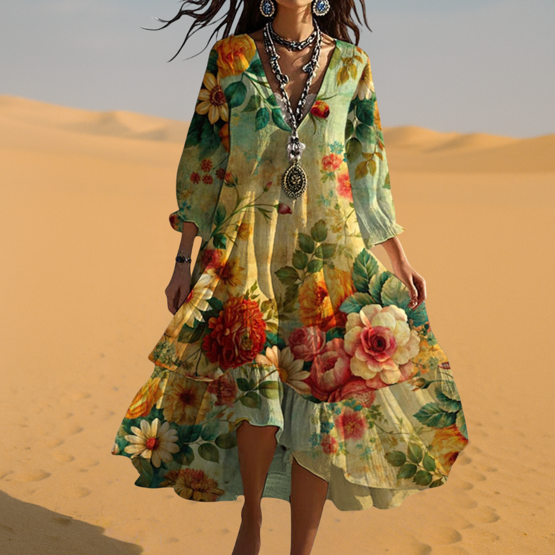 Women's Boho Woven Midi Dress with V Neck and Tiered Hem