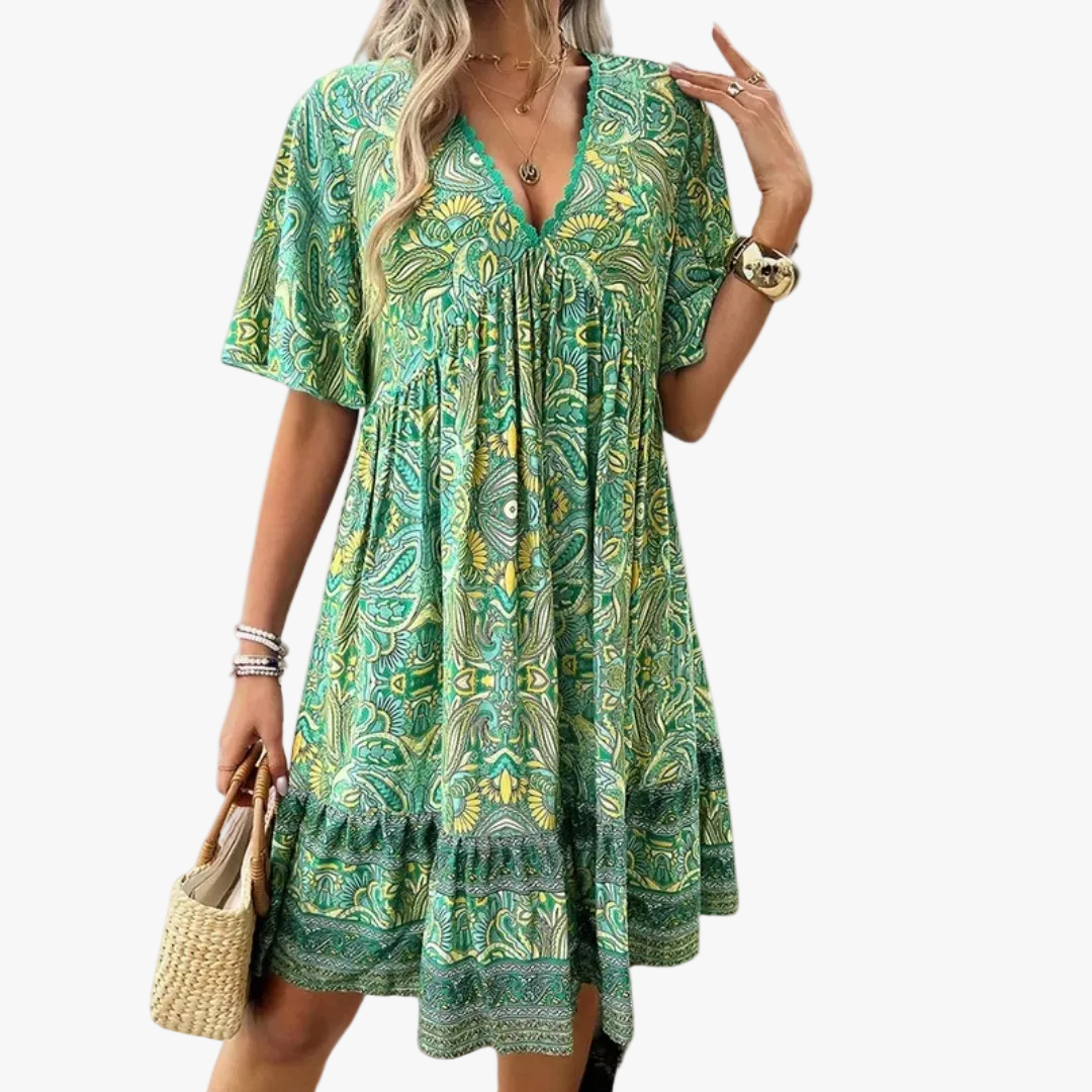 Women's Boho Woven Mini Dress with V-Neck and Button Placket