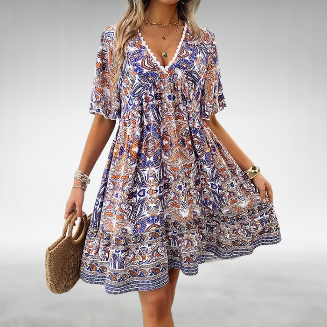 Women's Boho Woven Mini Dress with V-Neck and Button Placket