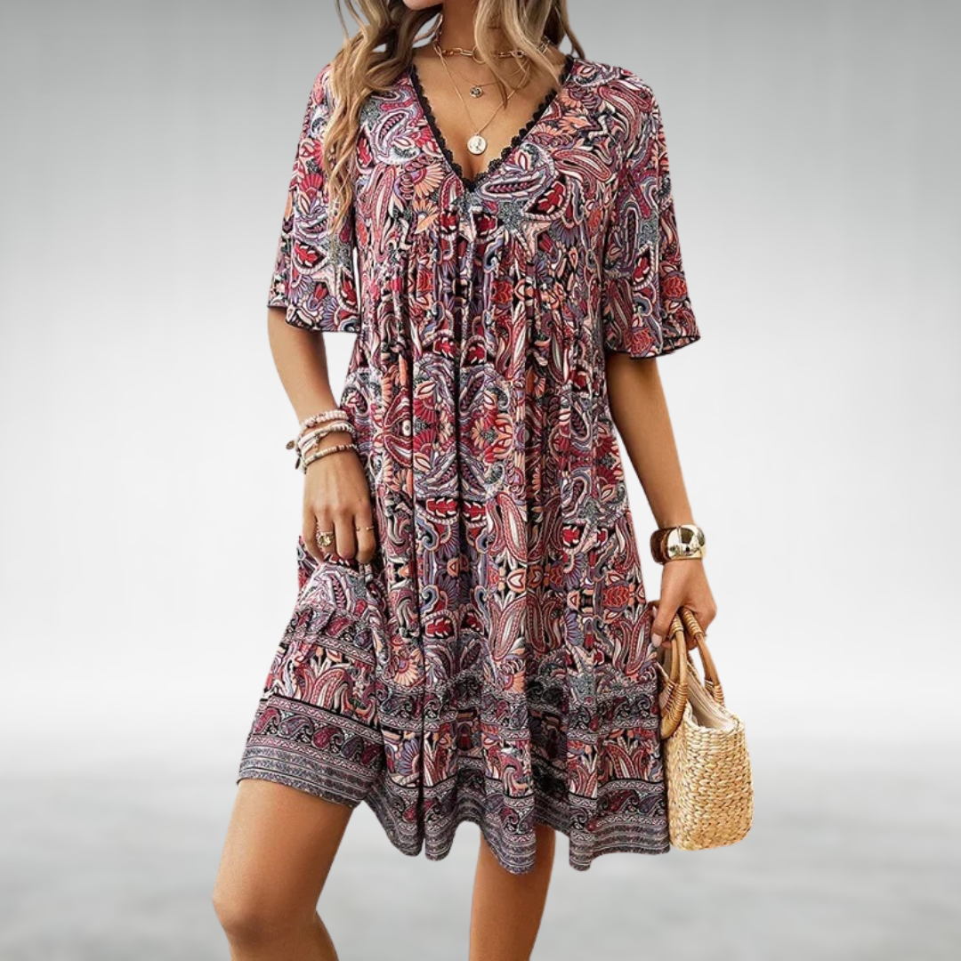 Women's Boho Woven Mini Dress with V-Neck and Button Placket