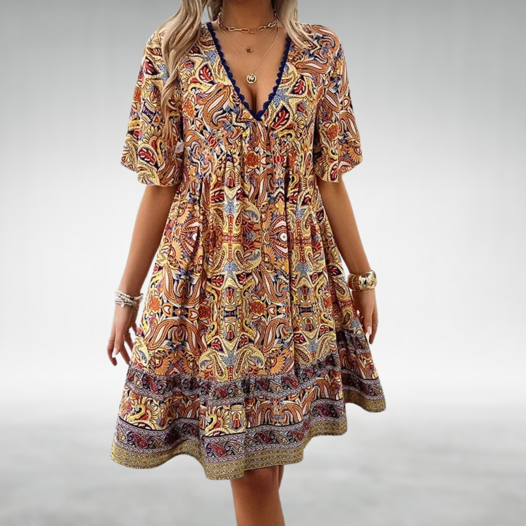 Women's Boho Woven Mini Dress with V-Neck and Button Placket