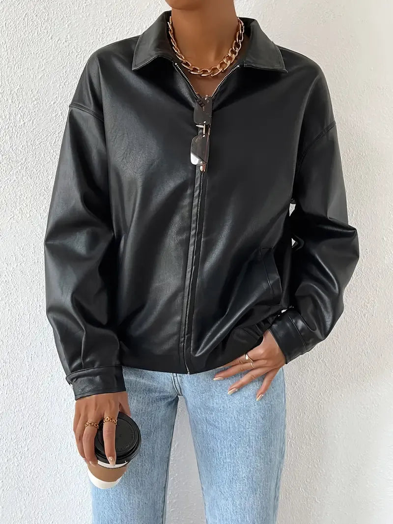Women's Bomber Jacket in Faux with Zip Front and Point Collar